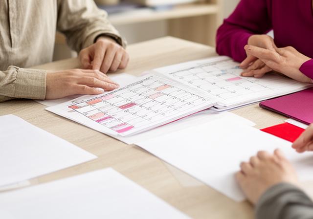 Madre y padre revisando un calendario familiar con documentos legales sobre una mesa doméstica ordenada